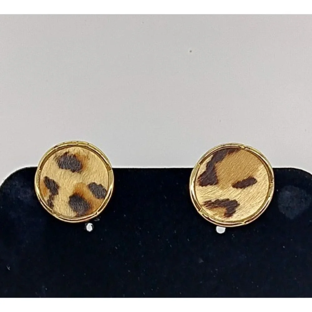 Animal print Leopard design Round Gold tone Clip on‎ Earrings